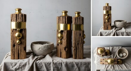 Rustic wooden sculptures with brass accents and textured bowls displayed on a draped table, showcasing artisanal craftsmanship and natural materials