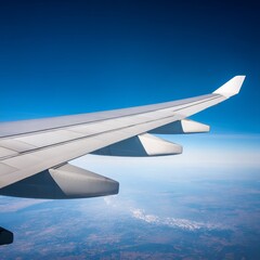 Obraz premium Flight Experience, Airplane Wing, Above Clouds, Civil Aviation, Clear Sky, Aerial View, Journey Perspective