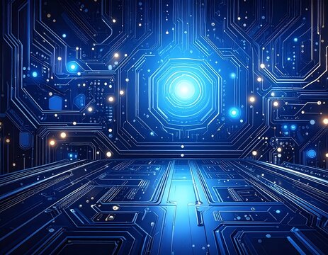 A futuristic, neon-blue circuit board interior with glowing lights and central vortex, evoking technological advancement - Powered by Adobe