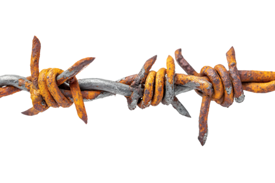 Close up of rusty barbed wire isolated on transparent background