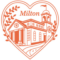 Fototapeta premium Milton Heart Illustration Featuring Classical Town Hall, Bell Tower, and Leaf Border