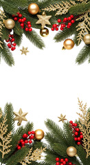Elegant Christmas frame/border with pine branches, gold stars, red berries, and ornaments. Vertical design, isolated.