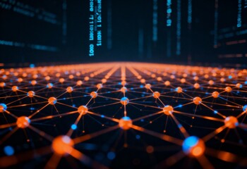 Abstract 3D render of a neural network with connected orange and blue nodes, showing a concept for big data, machine learning, and blockchain.