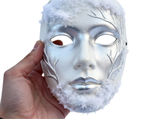 White theatrical mask with fur trim and silver branch details held by a hand isolated on transparent background