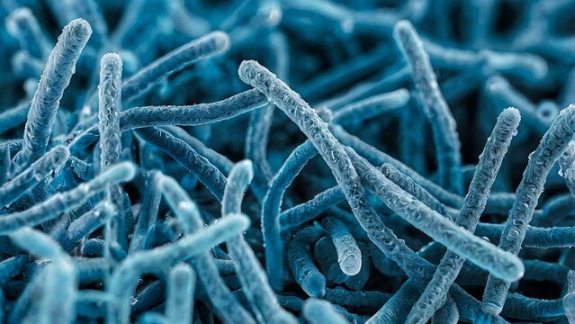 Microscopic view of rod-shaped bacteria or bacilli in blue, representing microbiology, disease, or infection