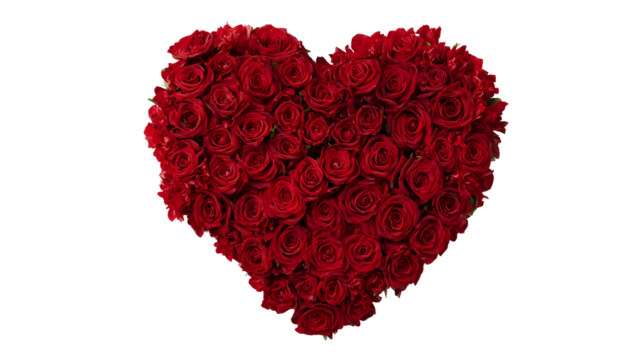Heart shaped arrangement of red roses against black background