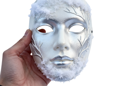 White theatrical mask with fur trim and silver branch details held by a hand isolated on transparent background