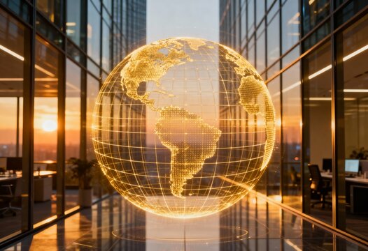 Holographic golden Earth globe in a modern glass office at sunset, illustrating global business, international finance, and network connection. - Powered by Adobe