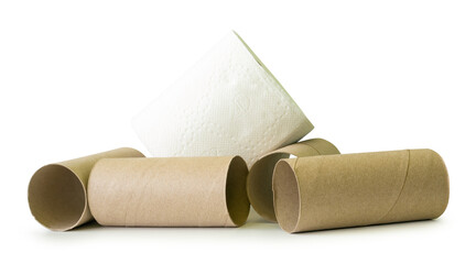 Tissue paper roll or toilet paper roll with cores or tissue paper tubes in stack isolated on white background with clipping paht