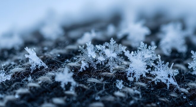 Macro Shot of Delicate Snowflakes on a Textured Surface.