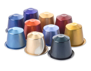 A cluster of metallic coffee pods in various colors, displayed against a white background, showcasing texture