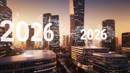 Futuristic cityscape with digital 2026 year overlay and circuit board design floating above skyscrapers at sunset - Powered by Adobe