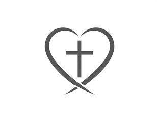 Obraz premium A grayscale icon depicts a heart shape embracing a Christian cross symbol, set against a white background