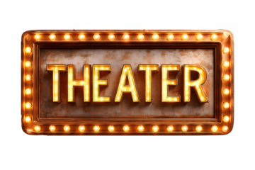 Vintage theater sign with illuminated lights on rustic background