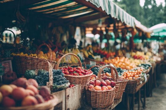 A colorful outdoor market stall filled with fresh fruits and organic vegetables.