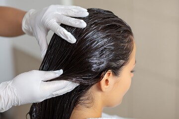 Naklejka premium Hairdresser applying nourishing mask to female hair in salon