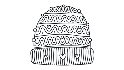 Cozy Winter Hat: A detailed outline of a warm winter hat, ready for coloring or use in a seasonal design, featuring intricate patterns and a sense of coziness