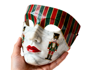 Festive christmas nutcracker masquerade mask with red lips and stripes isolated on transparent background