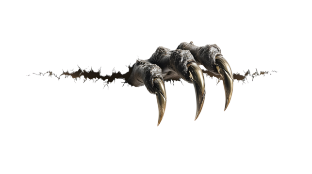 Realistic animal claw tearing through black background showing sharp talons