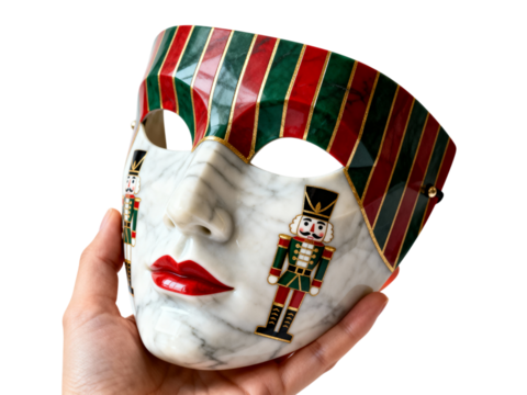 Festive christmas nutcracker masquerade mask with red lips and stripes isolated on transparent background