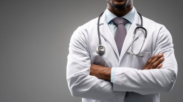 medical professional shoulders-up wearing white coat and stethoscope, neutral seamless background, soft key light, premium editorial
