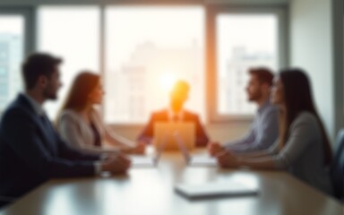 Blurred background of business people in an office meeting room with a bokeh effect and sunlight, creating an abstract or blurry stock photo template for various commercial uses. High quality