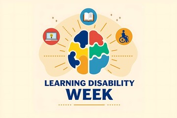 Learning disability week awareness campaign with brain puzzle and educational icons