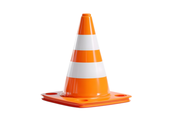 Orange traffic cone with white stripes on black background