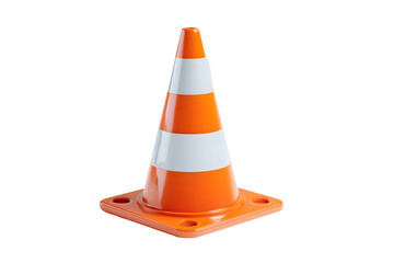 Orange traffic cone with white stripes on white background