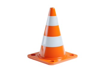 Orange traffic cone with white stripes on white background