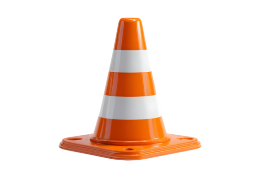 Orange traffic cone with white stripes on a white background