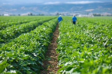 Farmers walk through lush green crop rows in a sunny agricultural field.