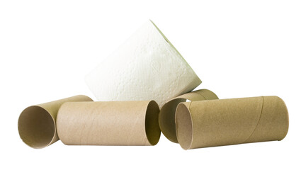 Tissue paper roll or toilet paper roll with cores or tissue paper tubes in stack isolated with clipping path in png file format