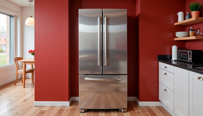 Stainless steel refrigerator in modern kitchen with red walls  