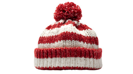 Red and white knitted winter hat with pom-pom on a white background