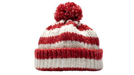 Red and white knitted winter hat with pom-pom on a white background