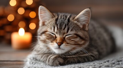 Fototapeta premium Cozy Cat Curled Up Beside an Open Book with a Warm Candle Flame Glowing in a Relaxing Reading Space