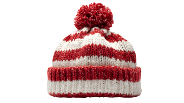 Red and white knitted winter hat with pom-pom on a white background