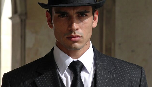 A man in a pinstriped suit and fedora gazes intently. Soft lighting emphasizes his features, framed by an archway