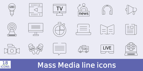 Mass Media line editable icon set. Containing Mass media, journalism, news, TV show, program, report, video,