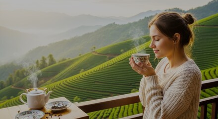 young woman drinking tea at the balcony with greenery view