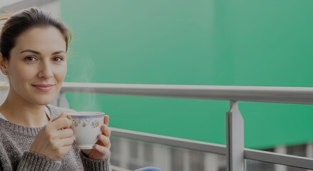 young woman holding coffee in front of a green screen