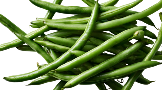Fresh green beans isolated on black background highlighting vibrant color and texture