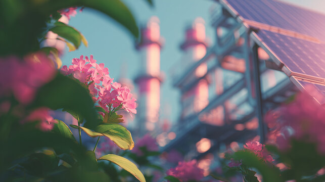 solar panels and blooming flowers near factory — sustainable energy, green technology, and environmental innovation theme - Powered by Adobe