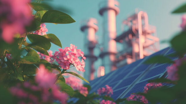 solar panels and blooming flowers near factory — sustainable energy, green technology, and environmental innovation theme