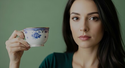 young lady holding a tea in front of a green screen