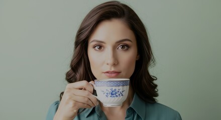 young lady drinking tea in front of a white screen
