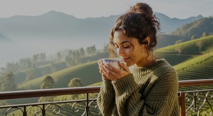 young woman drinking tea at the balcony with greenery view