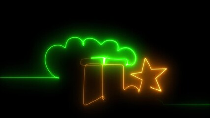 Green line appears on a black background that draws a Christmas tree, the top of which is decorated with red star, the inscription Marry Christmas and Happy New Year appears in red and yellow. Stars - Powered by Adobe