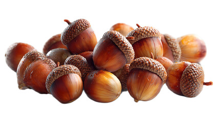 Close up shot of a pile of acorns with brown caps and shells on a black background in a studio shot